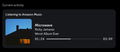 Discord current activity showing Listening to Amazon Music — Microwave by Ricky Jamaraz
